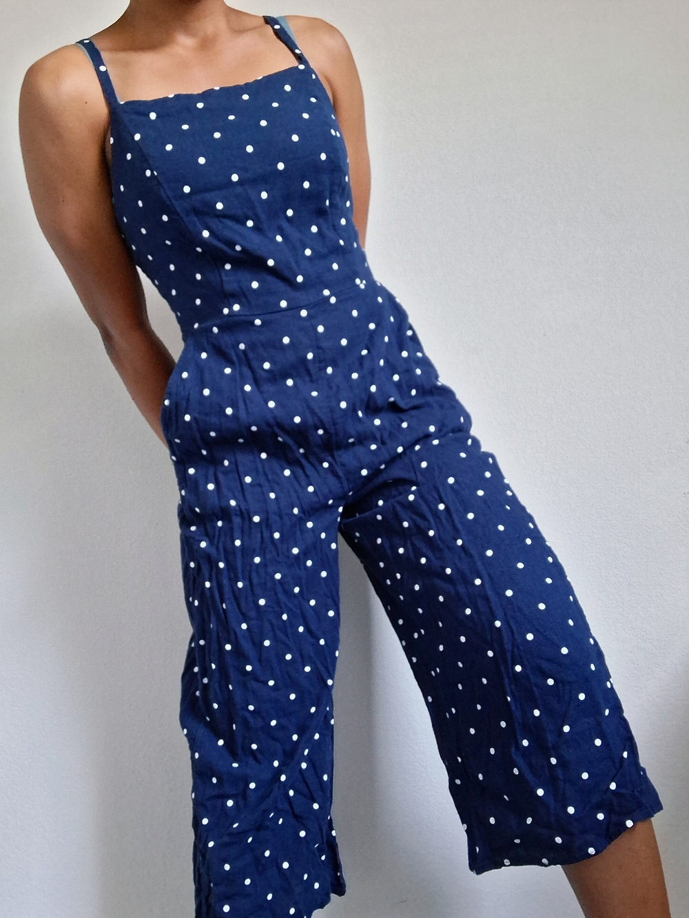 Navy Polka Dot Wide-Leg Jumpsuit with Adjustable Straps